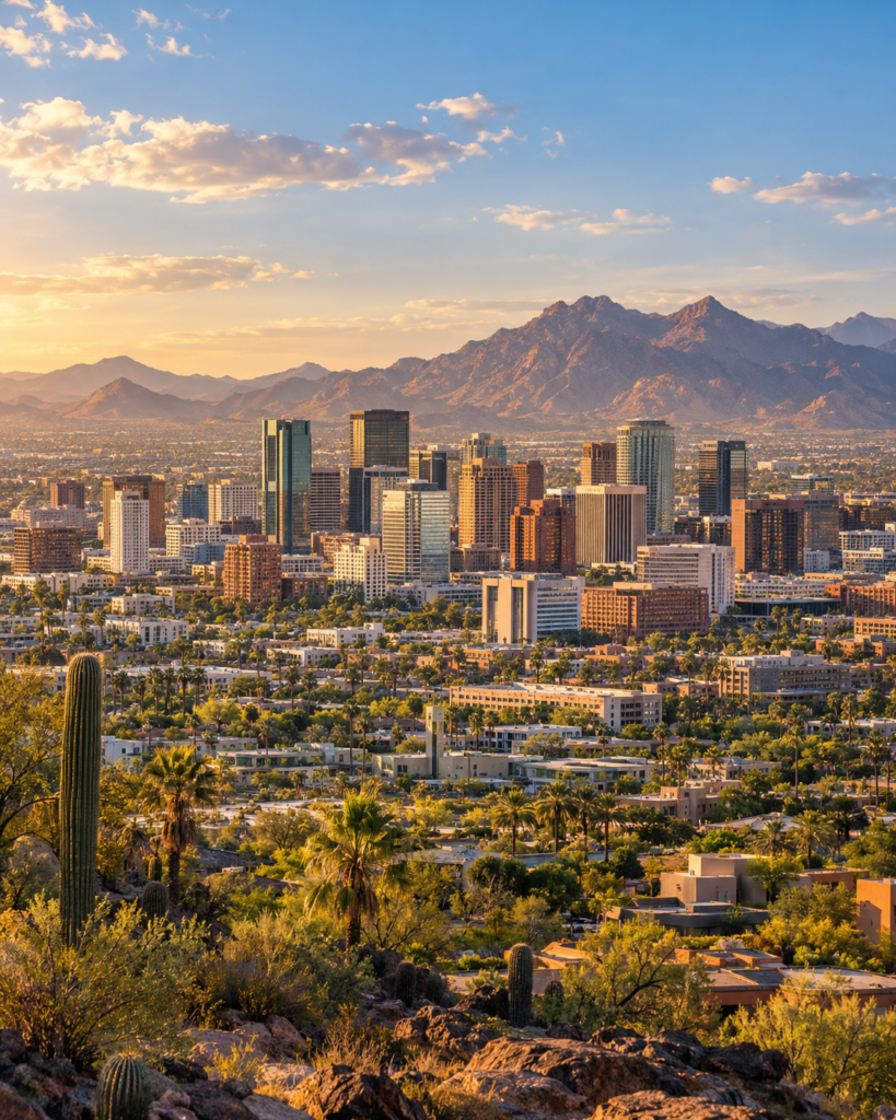 AI-generated Phoenix-inspired skyline and Sonoran Desert valley at golden hour