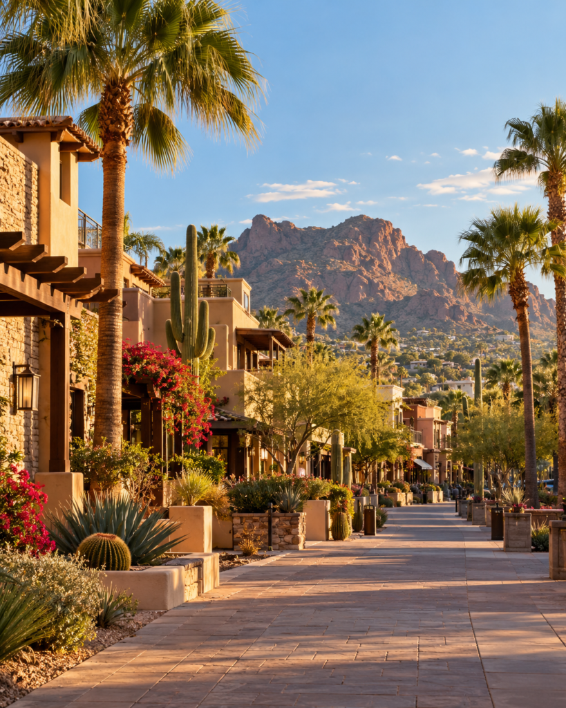 AI-generated Scottsdale-inspired streetscape with palms and desert mountains